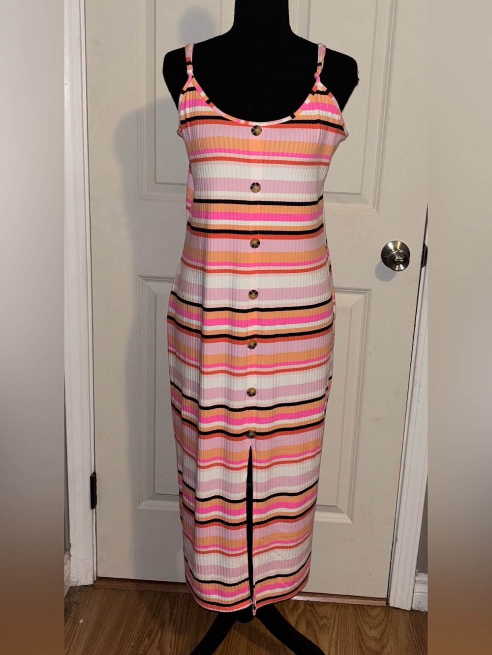 No Boundaries Pink Multi Striped Button-Front Midi Dress